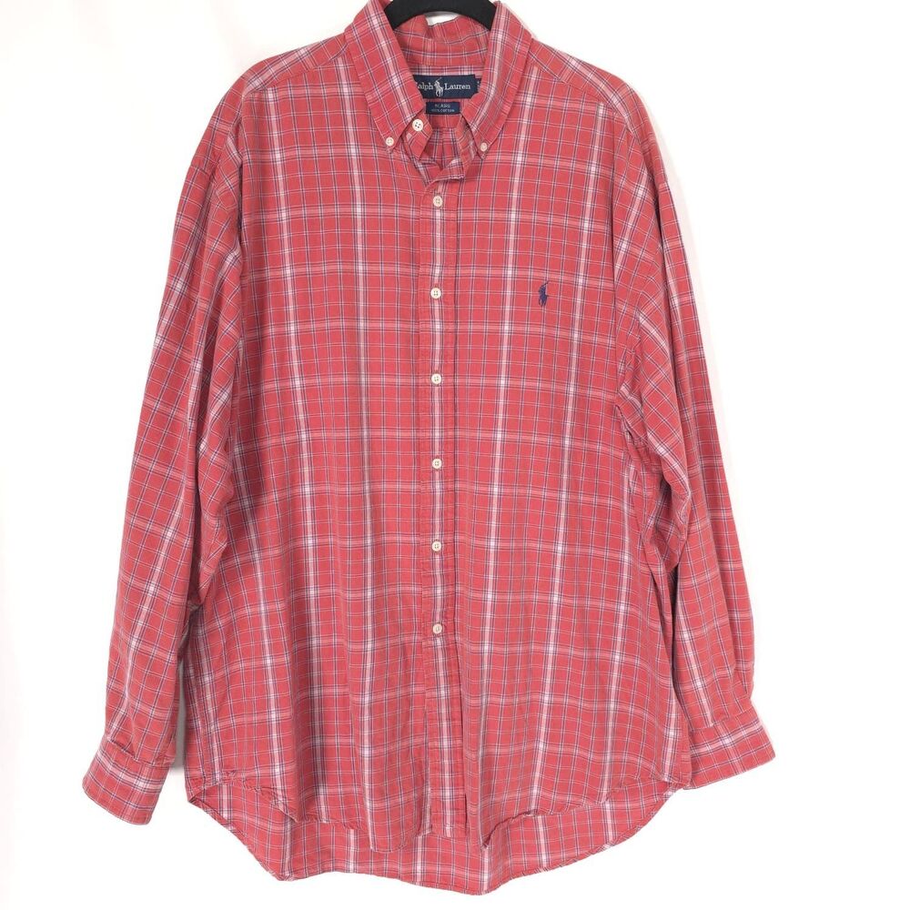 RALPH LAUREN Men’s Plaid Button Down Blaire LARGE Red Blue 100% Cotton